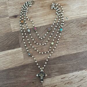 Elegant Multi-Color Pearl Necklace with Cross Pendant
